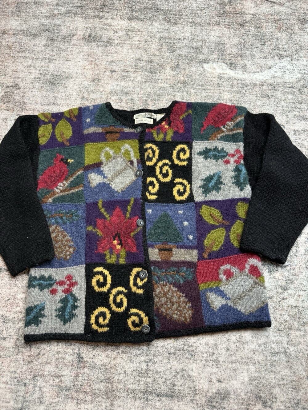 Vtg Smith & Hawken Hand Knit Wool Patchwork Cardigan Sz S Artsy Winter Holiday